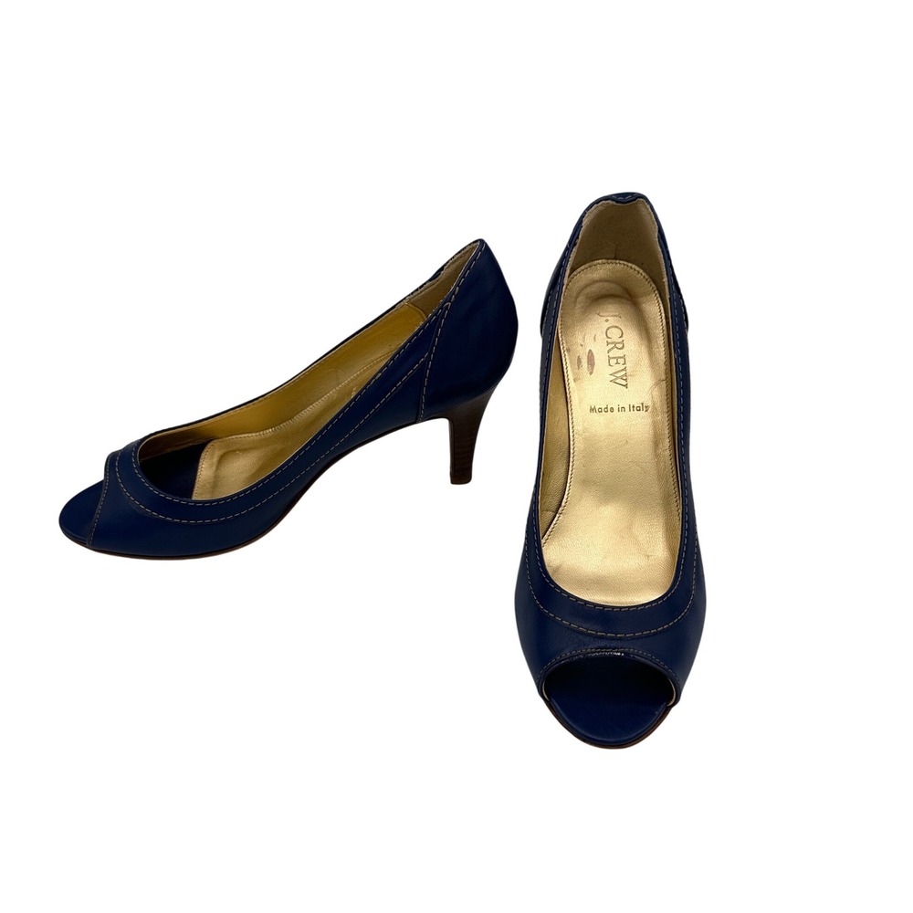 J. Crew Navy Blue Leather Peep Toe Heels Made in Italy Size 6.5